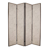 4 Panel Scripted Fabric Wooden Foldable Room Divider, Beige and Brown