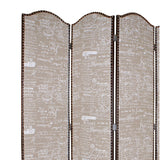 Benzara 4 Panel Scripted Fabric Wooden Scalloped Room Divider, Beige and Brown BM26596 Beige and Brown Solid Wood, Fabric and Metal BM26596