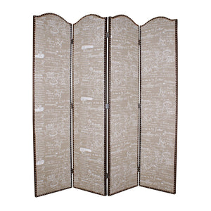 Benzara 4 Panel Scripted Fabric Wooden Scalloped Room Divider, Beige and Brown BM26596 Beige and Brown Solid Wood, Fabric and Metal BM26596