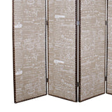 Benzara 4 Panel Scripted Fabric Wooden Scalloped Room Divider, Beige and Brown BM26596 Beige and Brown Solid Wood, Fabric and Metal BM26596