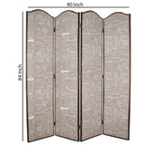 Benzara 4 Panel Scripted Fabric Wooden Scalloped Room Divider, Beige and Brown BM26596 Beige and Brown Solid Wood, Fabric and Metal BM26596