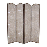 Benzara 4 Panel Scripted Fabric Wooden Scalloped Room Divider, Beige and Brown BM26596 Beige and Brown Solid Wood, Fabric and Metal BM26596