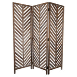 3 Panel Foldable Wooden Screen with Herringbone Pattern, Brown