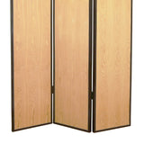 Benzara Foldable 3 Panel Wooden Screen with Faux Leather Trim, Brown BM26604 Brown Wood and Faux Leather BM26604