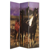 Wooden Screen with Artwork of Horses Galloping, Multicolor