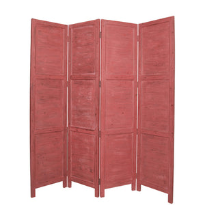 Benzara Wooden 4 Panel Foldable Floor Screen with Textured Panels, Red BM26670 Red Solid Cedar Wood BM26670