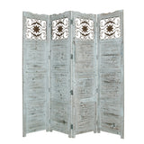 Wooden 4 Panel Screen with Textured Panels and Scrolled Details, White