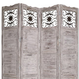 Benzara Wooden 4 Panel Screen with Textured Panels and Scrolled Details, Gray BM26674 Gray Solid Cedar Wood and Metal BM26674
