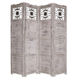 Wooden 4 Panel Screen with Textured Panels and Scrolled Details, Gray