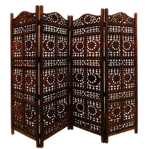 Benzara Hand Carved Sun And Moon Design Foldable 4 Panel Wooden Room Divider, Brown BM34821 Brown Wood BM34821