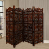 Benzara Hand Carved Sun And Moon Design Foldable 4 Panel Wooden Room Divider, Brown BM34821 Brown Wood BM34821