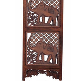 Benzara Benzara Hand Carved Elephant Design Foldable 4-Panel Wooden Room Divider, Brown BM34823 Brown Wood BM34823