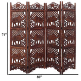 Benzara Benzara Hand Carved Elephant Design Foldable 4-Panel Wooden Room Divider, Brown BM34823 Brown Wood BM34823