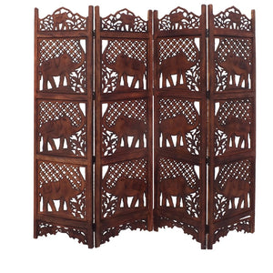 Benzara Benzara Hand Carved Elephant Design Foldable 4-Panel Wooden Room Divider, Brown BM34823 Brown Wood BM34823