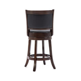 Benzara Round Wooden Swivel Counter Stool with Padded Seat and Back, Dark Brown BM61366 Brown Solid Wood and Faux Leather BM61366