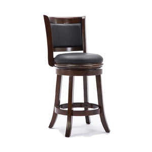 Benzara Round Wooden Swivel Counter Stool with Padded Seat and Back, Dark Brown BM61366 Brown Solid Wood and Faux Leather BM61366