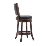 Benzara Round Wooden Swivel Counter Stool with Padded Seat and Back, Dark Brown BM61366 Brown Solid Wood and Faux Leather BM61366