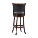 Benzara Round Wooden Swivel Barstool with Padded Seat and Back, Dark Brown BM61367 Brown Solid Wood and Faux Leather BM61367