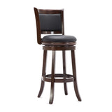 Benzara Round Wooden Swivel Barstool with Padded Seat and Back, Dark Brown BM61367 Brown Solid Wood and Faux Leather BM61367