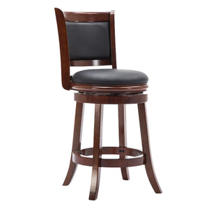 Benzara Round Wooden Swivel Counter Stool with Padded Seat and Back, Cherry Brown BM61368 Brown Solid Wood and Faux Leather BM61368