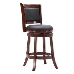 Benzara Round Wooden Swivel Barstool with Padded Seat and Back, Cherry Brown BM61369 Brown Solid Wood and Faux Leather BM61369