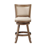 Benzara Nailhead Trim Round Counter Stool with Padded seat and Back,Brown and Beige BM61378 Brown and Beige Solid Wood and Fabric BM61378