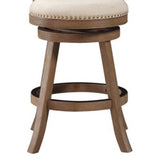 Benzara Nailhead Trim Round Counter Stool with Padded seat and Back,Brown and Beige BM61378 Brown and Beige Solid Wood and Fabric BM61378