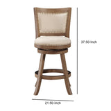 Benzara Nailhead Trim Round Counter Stool with Padded seat and Back,Brown and Beige BM61378 Brown and Beige Solid Wood and Fabric BM61378