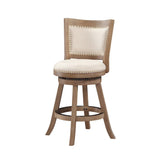 Benzara Nailhead Trim Round Counter Stool with Padded seat and Back,Brown and Beige BM61378 Brown and Beige Solid Wood and Fabric BM61378