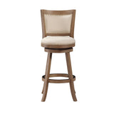 Benzara Nailhead Trim Round Barstool with Padded seat and Back, Brown and Beige BM61379 Brown and Beige Solid Wood and Fabric BM61379