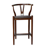 Benzara Wooden Fiddle Back Barstool with Leatherette Seating, Walnut Brown BM61428 Brown Solid Wood and Faux Leather BM61428