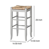 Benzara Square Wooden Frame Barstool with Hand Woven Rush, White and Brown BM61434 White and Brown Solid Wood and Rush BM61434