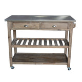 Benzara 2 Drawers Wooden Frame Kitchen Cart with Metal Top and Casters, Gray BM61463 Gray Solid Wood and Metal BM61463