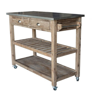 Benzara 2 Drawers Wooden Frame Kitchen Cart with Metal Top and Casters, Gray BM61463 Gray Solid Wood and Metal BM61463