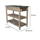 Benzara 2 Drawers Wooden Frame Kitchen Cart with Metal Top and Casters, Gray BM61463 Gray Solid Wood and Metal BM61463