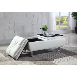 Benzara Faux Leather Ottoman with Reversible Tray Tops, White BM69567 WHITE SOLIDWOOD BM69567