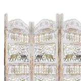 Benzara Classic 4 Panel Mango Wood Room Divider with Elephant Carvings, Gold and White BM80947 Gold and White Mango Wood, MDF, Metal BM80947