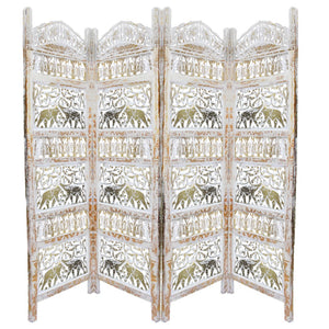 Benzara Classic 4 Panel Mango Wood Room Divider with Elephant Carvings, Gold and White BM80947 Gold and White Mango Wood, MDF, Metal BM80947