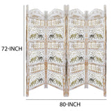 Benzara Classic 4 Panel Mango Wood Room Divider with Elephant Carvings, Gold and White BM80947 Gold and White Mango Wood, MDF, Metal BM80947