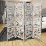 Benzara Classic 4 Panel Mango Wood Room Divider with Elephant Carvings, Gold and White BM80947 Gold and White Mango Wood, MDF, Metal BM80947