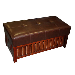 Benzara Leatherette Padded Storage Bench with Slatted Design on Frame, Brown BM94728 Brown Solid Wood and Faux Leather BM94728