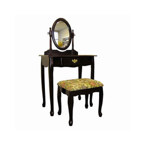 Benzara Wooden Vanity Set with Fabric Upholstered Seat,Cherry Brown and Yellow BM94781 Brown Wood, MDF, Glass and Fabric BM94781
