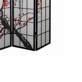 Benzara Plum Blossom Print Wood and Paper 4 Panel Room Divider, Red and Black BM96076 Red and Black Wood and Paper BM96076