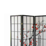 Benzara Plum Blossom Print Wood and Paper 4 Panel Room Divider, Red and Black BM96076 Red and Black Wood and Paper BM96076