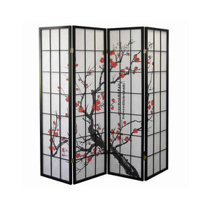 Benzara Plum Blossom Print Wood and Paper 4 Panel Room Divider, Red and Black BM96076 Red and Black Wood and Paper BM96076