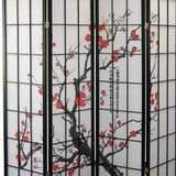 Benzara Plum Blossom Print Wood and Paper 4 Panel Room Divider, Red and Black BM96076 Red and Black Wood and Paper BM96076