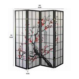 Benzara Plum Blossom Print Wood and Paper 4 Panel Room Divider, Red and Black BM96076 Red and Black Wood and Paper BM96076