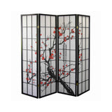 Plum Blossom Print Wood and Paper 4 Panel Room Divider, Red and Black