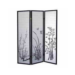 Benzara Naturistic Print Wood and Paper 3 Panel Room Divider, White and Black BM96092 White and Black Wood and Paper BM96092