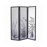 Naturistic Print Wood and Paper 3 Panel Room Divider, White and Black